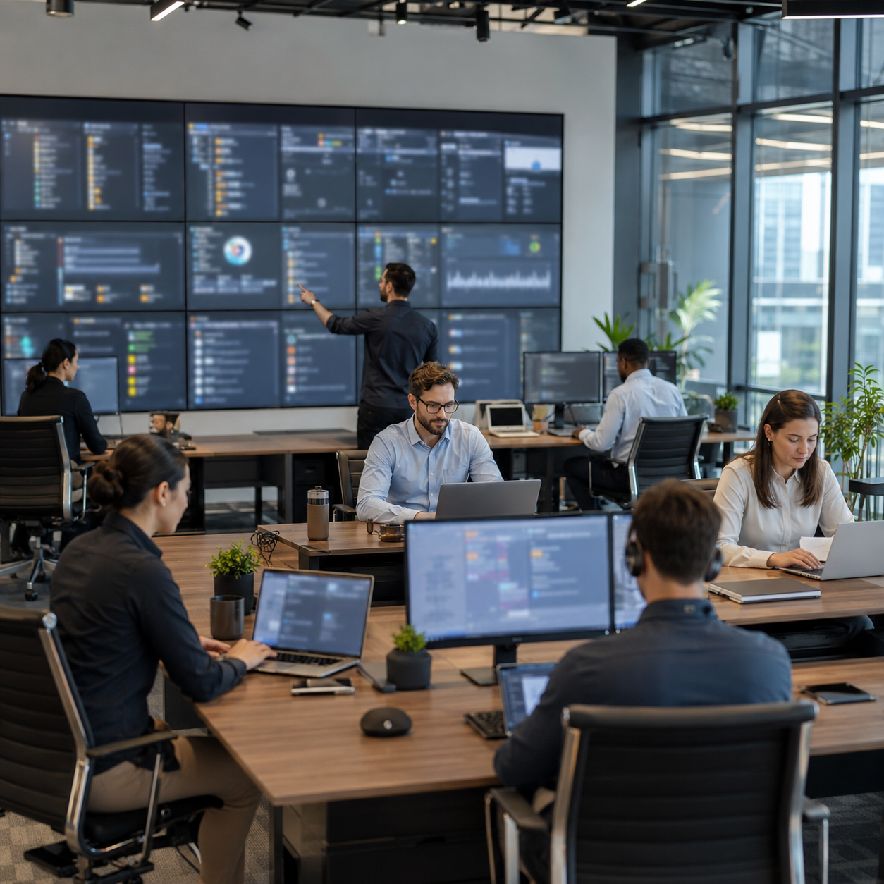 Diverse team collaborating in a modern open-plan office