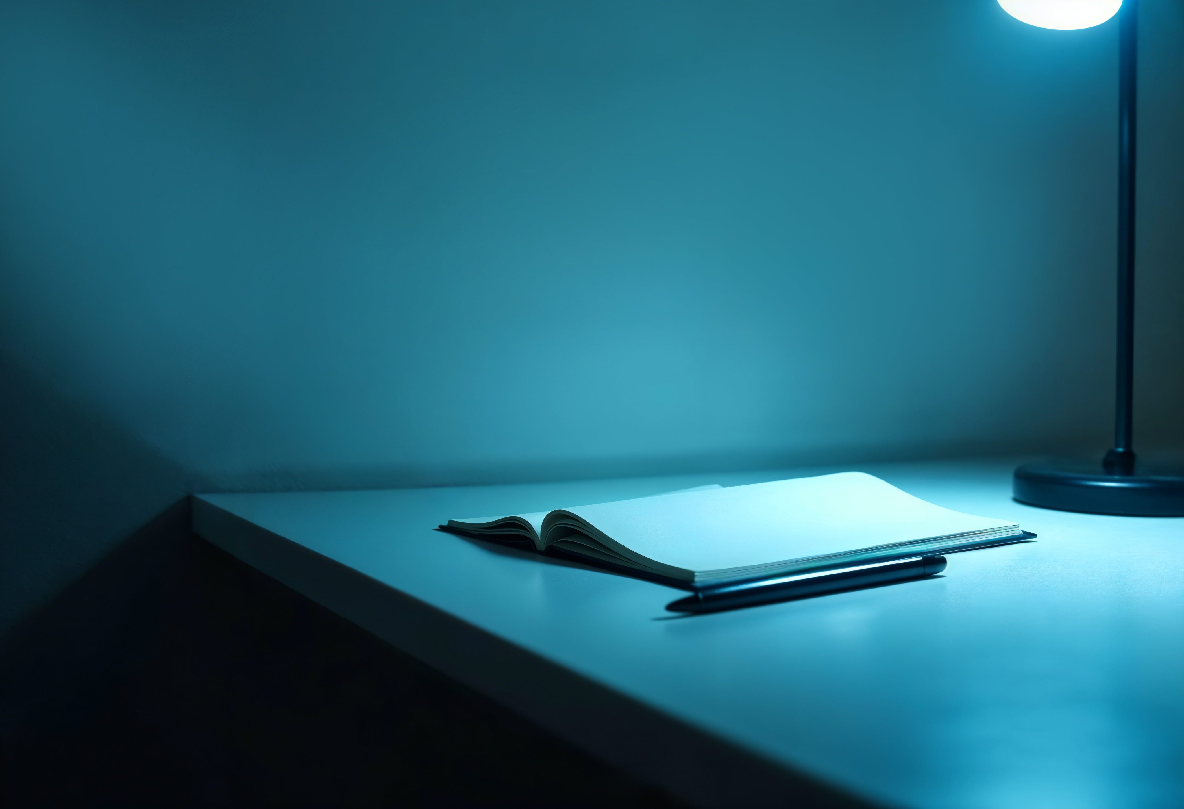Organized workspace with notebook and lamp