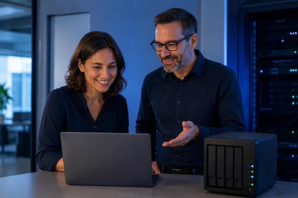 Business team reviewing recovered data on office NAS