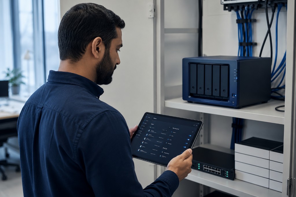 Administrator managing office NAS storage from a tablet