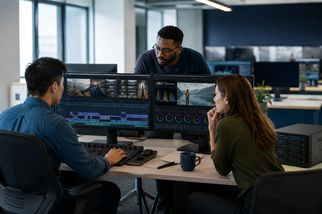 Creative team collaborating around shared office storage