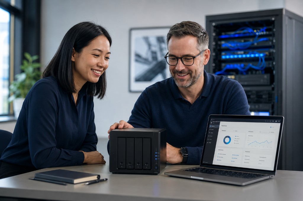 IT team reviewing office NAS deployment in a server room