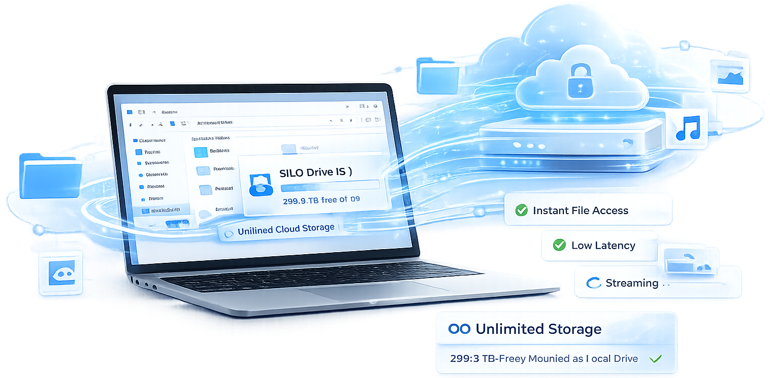 SILOMount desktop interface showing cloud storage mounted as a local drive