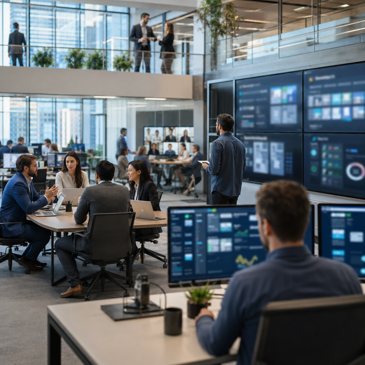 Team working in a modern office with large collaborative data displays